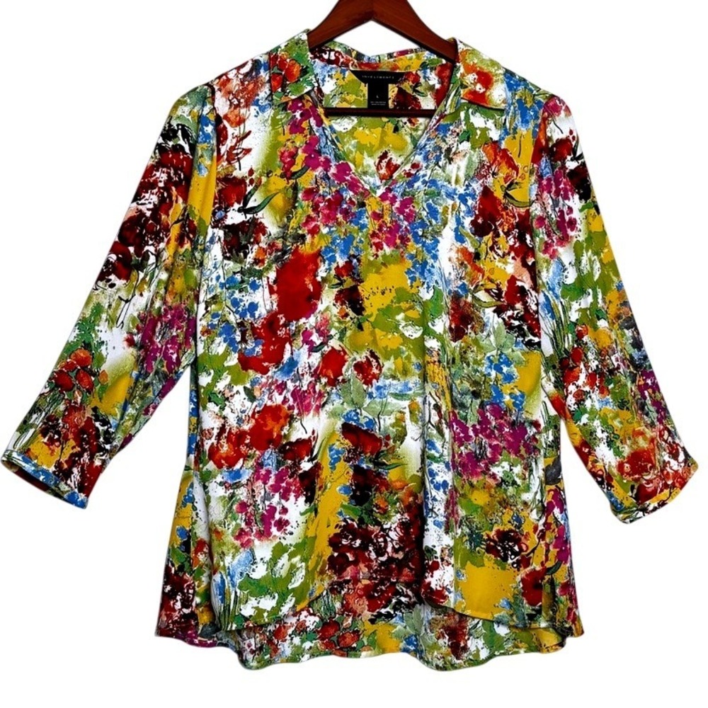 Investment Painterly Floral V-Neck Tunic Top Sz L Artsy Eclectic Dopamine Bright